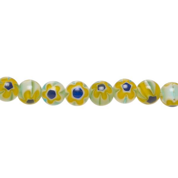 Bead, millefiori glass 1pkg1, translucent golden yellow / cobalt blue / white, 6mm round, 15 inches. image number 0