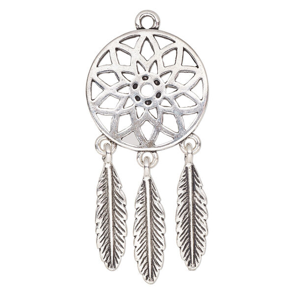Focal, antique silver-finished "pewter" (zinc-based alloy), 51x24mm single-sided dream catcher. Sold per pkg of 2. image number 0