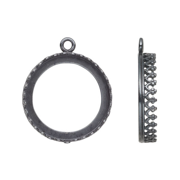 Drop, JBB Findings, gunmetal-plated brass, 22mm round with decorative trim, 20mm round  bezel setting. Sold per pkg of 2. image number 0