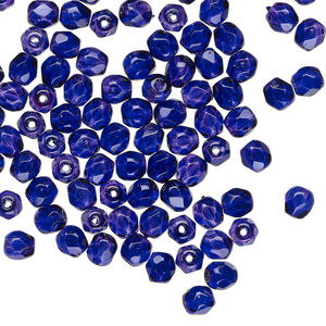 Bead, Czech fire-polished dipped d&eacute;cor glass, cobalt, 4mm faceted round. Sold per 15-1/2" to 16" strand.