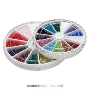 Organizer, clear plastic/white, (1) 3-1/4 x1/2 inch and (1) 2-1/2x1/2 inch rounds with 13 compartments and rotating lid. Sold per pkg of 2.