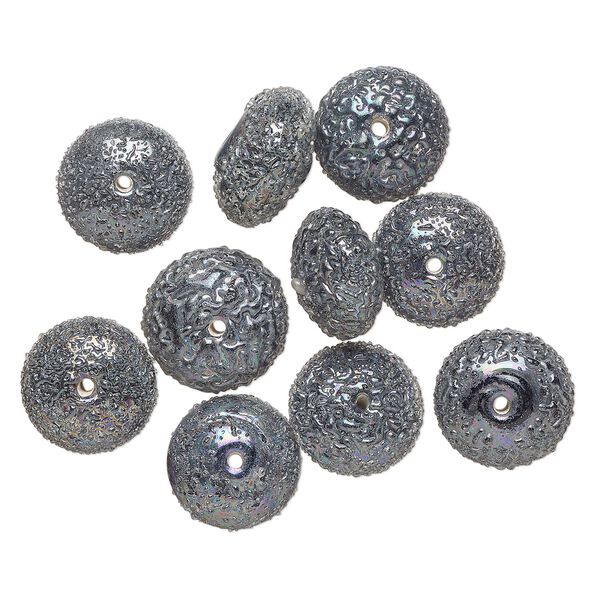 Bead, lampworked glass, opaque rainbow AB, 15x8mm textured rondelle. Sold per pkg of 10. image number 0