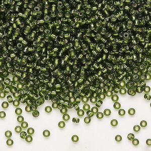 Seed bead, Miyuki, glass, pkg/250g, #11 rocaille, transparent silver-lined olive green (RR-26).