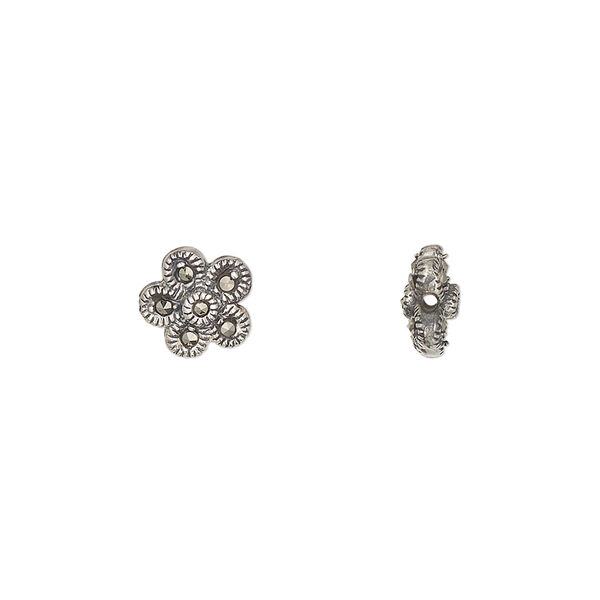 Bead, sterling silver and marcasite, 8.5mm two-sided flower. Sold individually. image number 0