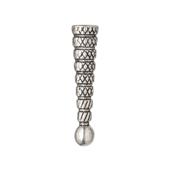 Bolo tip, antique silver-finished "pewter" (zinc-based alloy), 31x7mm with 5mm ball and cross hatch design. Sold per pkg of 10. image number 0