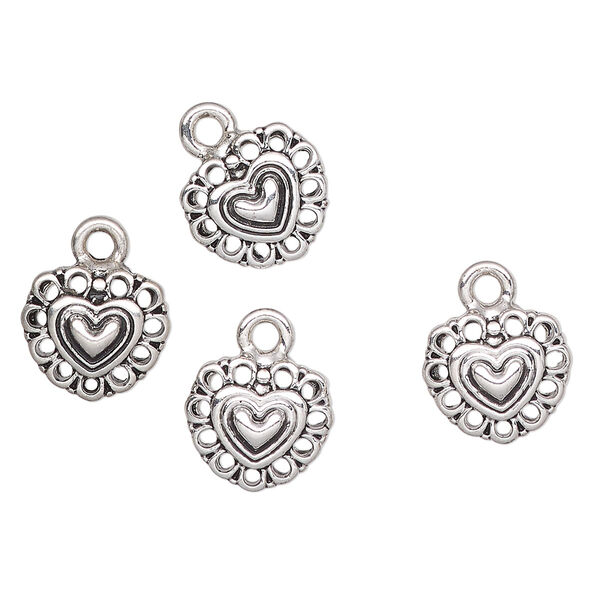 Charm, antique silver-finished "pewter" (zinc-based alloy), 11mm heart with lacy edge cutout. Sold per pkg of 4. image number 0