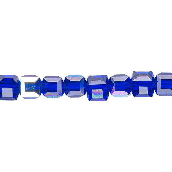 Bead 1pk 18 facets translucent cobalt blue AB, Celestial Crystal® 6mm cube 15.5-16 inch image number 0