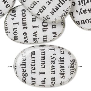 Bead, wood / newspaper / acrylic, white and black, 30x20mm double-sided flat oval with phrase in English. Sold per pkg of 8.