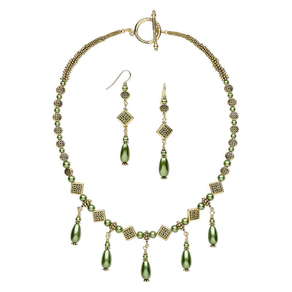 Necklace and earring set, One of a Kind Jewelry, antique gold-plated pewter (tin-based alloy) and glass, green pearl, 19-inch necklace. Only one available. image number 0