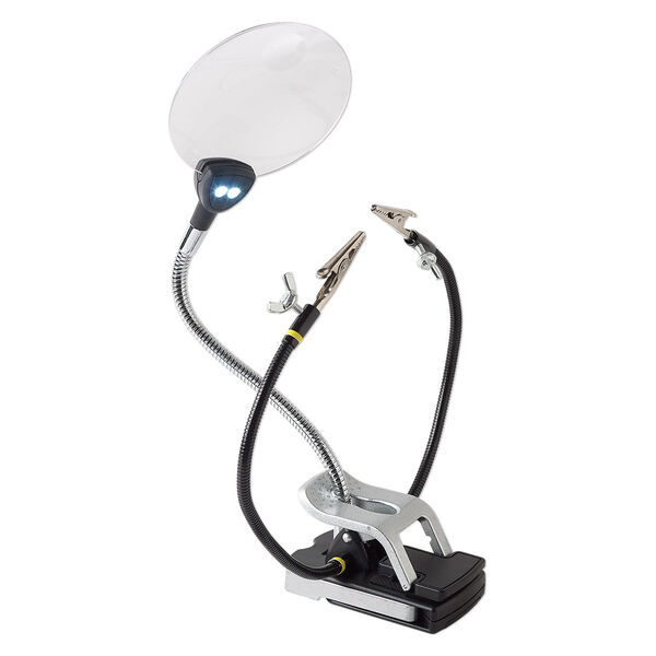 Helping hands and magnifier, Excel™, acrylic / rubber / steel, clear / black / yellow, 21-1/2 x 13-3/4 inches with 3-1/2 inch magnifier and LED lights. Sold individually. image number 0