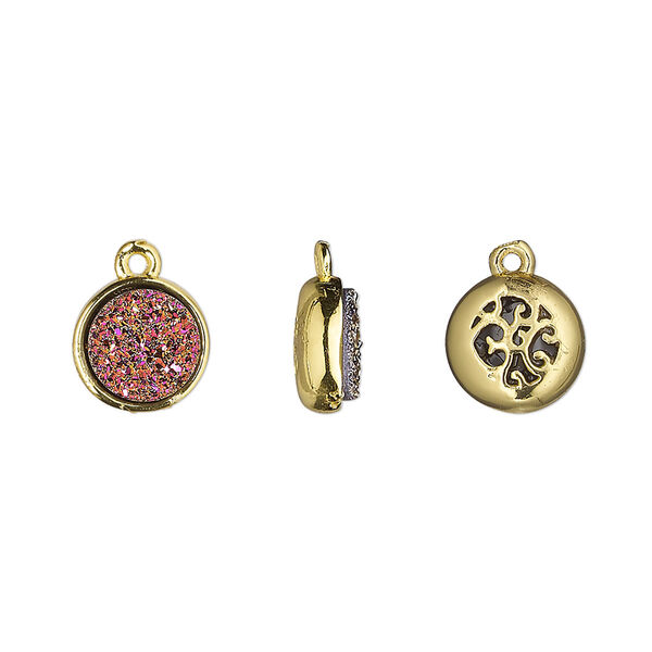 Drop, Druzylite™, "druzy" (resin) and gold-finished brass, metallic purple, 9.5mm two-sided round with open filigree back. Sold per pkg of 4. image number 0