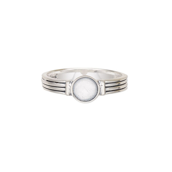 Ring, antiqued sterling silver, 4mm wide with 4 lines and 6mm round glue-in setting, size 9. Sold individually. image number 0