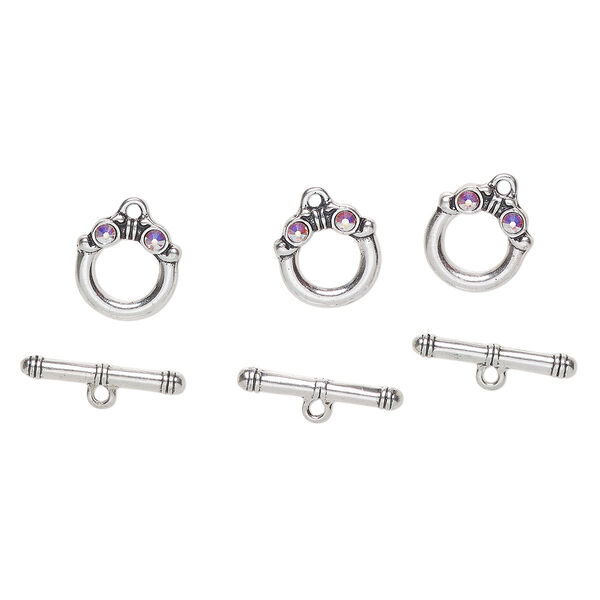 Clasp, toggle, "pewter" (zinc-based alloy) and crystal, pkg/3, 15mm round, antique silver finish and clear AB. image number 0