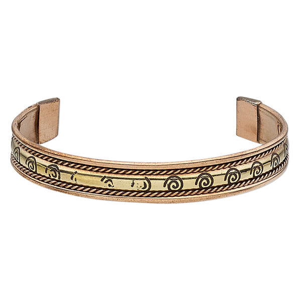 Bracelet, cuff, antiqued copper and brass, 11mm wide with twisted wire and spiral design, 8-inch adjustable. Sold individually. image number 0