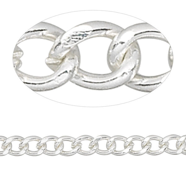 Chain, silver-finished brass, 6x5mm curb. Sold per pkg of 5 feet. image number 0