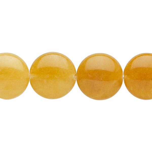 Bead, golden "jade" (quartz) (natural), 14mm puffed flat round, B grade, Mohs hardness 7. Sold per 8-inch strand, approximately 15 beads. image number 0