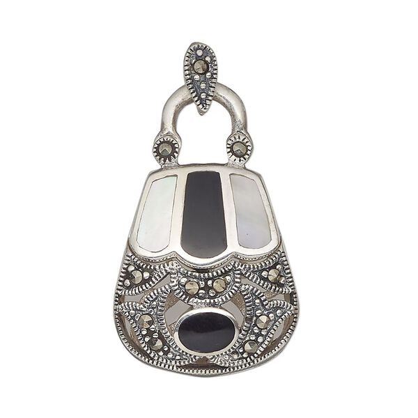 Marcasite / black onyx / mother-of-pearl shell 1pkg1, purse charm 32x20mm image number 0