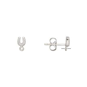 Earstud 1pkg2 rhodium-plated sterling silver / cubic zirconia, 5x4mm horse shoe / closed loop / earnuts, clear 1 pair