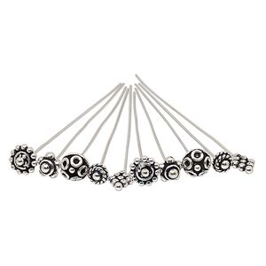 Head pin mix, antiqued sterling silver, 2 inches with assorted shape, 22 gauge. Sold per pkg of 10.