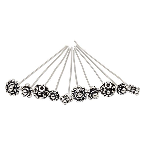 Head pin mix, antiqued sterling silver, 2 inches with assorted shape, 22 gauge. Sold per pkg of 10. image number 0