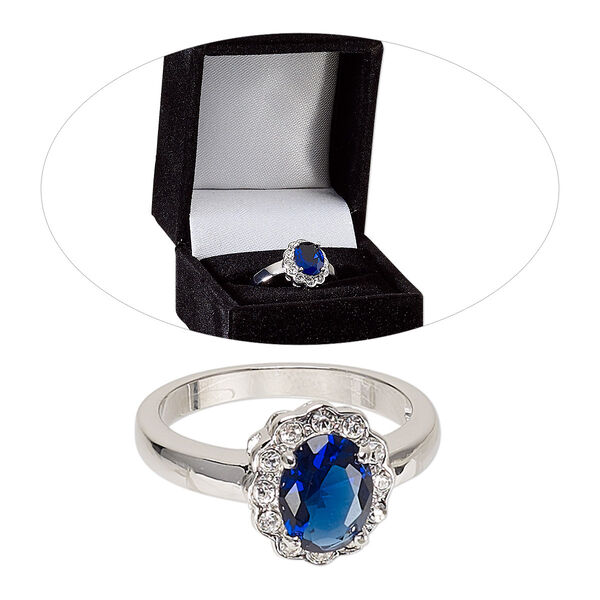 Ring, cubic zirconia / glass / rhodium-finished brass, sapphire blue and clear, 13mm scalloped oval, size 8. Sold individually. image number 0