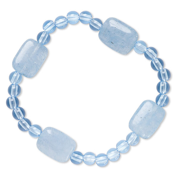 Bracelet, stretch, quartz (dyed) and acrylic, blue, 5mm round and 16x12mm-17x13mm flat rectangle, 7 inches. Sold individually. image number 0