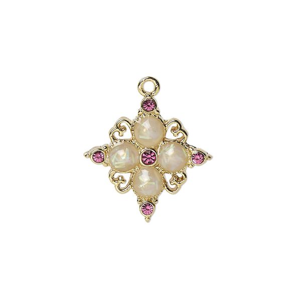 Drop, cubic zirconia / acrylic / gold-finished "pewter" (zinc-based alloy), pink and white opalescent, 19mm single-sided diamond. Sold individually. image number 0
