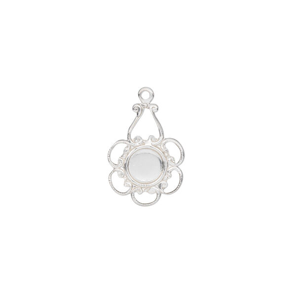 Drop, sterling silver, 16x11mm flower with 5mm round setting and closed back. Sold individually. image number 0