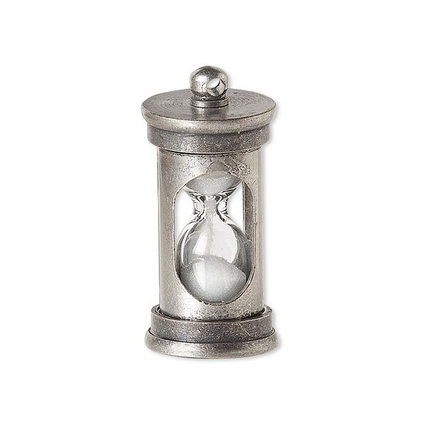 Drop, sand / glass / silicone / antique silver-finished brass, white and clear, 29x14mm hourglass. Sold individually. image number 0