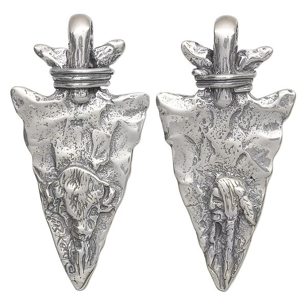 Focal, antiqued sterling silver, 40x20mm arrowhead with Native American and buffalo design. Sold individually. image number 0