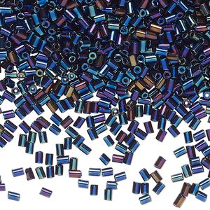 Bugle bead glass 1pk #1 round tube, 50 gram opaque blue iris black