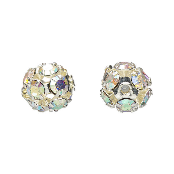 Bead, Egyptian crystal rhinestone and imitation rhodium-plated brass, clear AB, 12mm round. Sold per pkg of 6. image number 0
