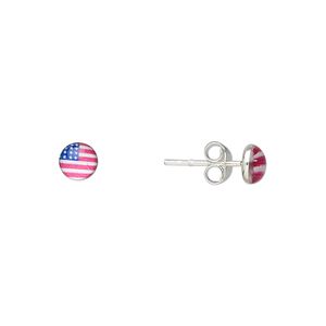 Earstud, sterling silver and acrylic, red / white / blue, 5mm round with USA flag design and post. Sold per pair.