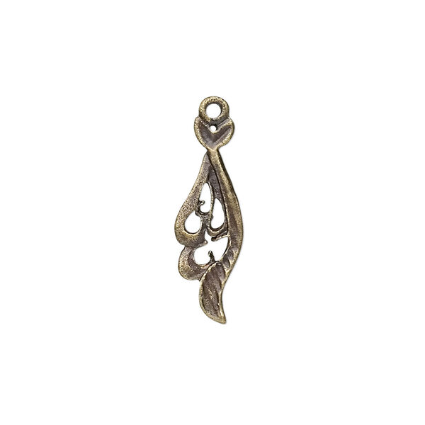 Drop, antique brass-plated "pewter" (zinc-based alloy), 17x7mm fancy leaf. Sold per pkg of 10. image number 0