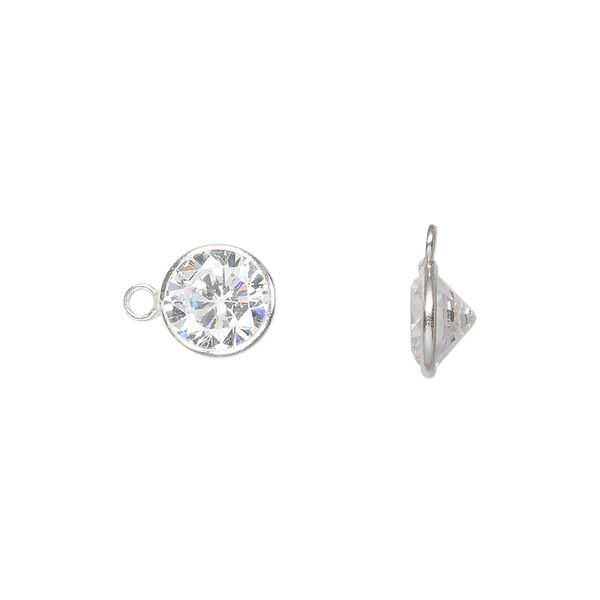 Drop, cubic zirconia and sterling silver, clear, 9mm faceted round. Sold per pkg of 2. image number 0
