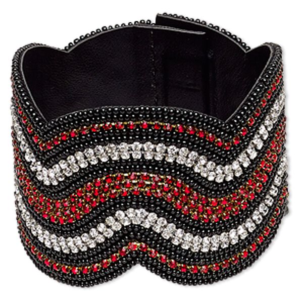 Bracelet, glass / glass rhinestone / leatherette / gold-finished brass, black / clear / red, 55mm wide with wavy design, 6 inches with magnetic clasp. Sold individually. image number 0