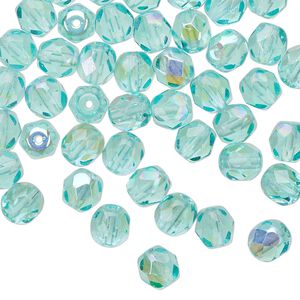 Bead 1pkg1 Czech fire-polished glass, 6mm AB faceted round, 1 mass translucent half-coated light aqua