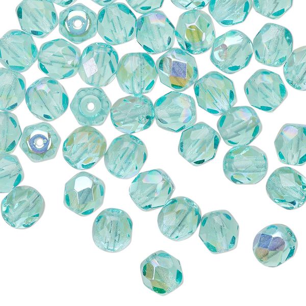 Bead 1pkg1 Czech fire-polished glass, 6mm AB faceted round, 1 mass translucent half-coated light aqua image number 0