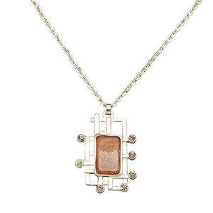 Necklace, resin / gold-finished brass / steel / "pewter" (zinc-based alloy), copper and light topaz brown, 35x25mm rectangle, 16 inches with 2-inch extender chain and lobster claw clasp. Sold individually.