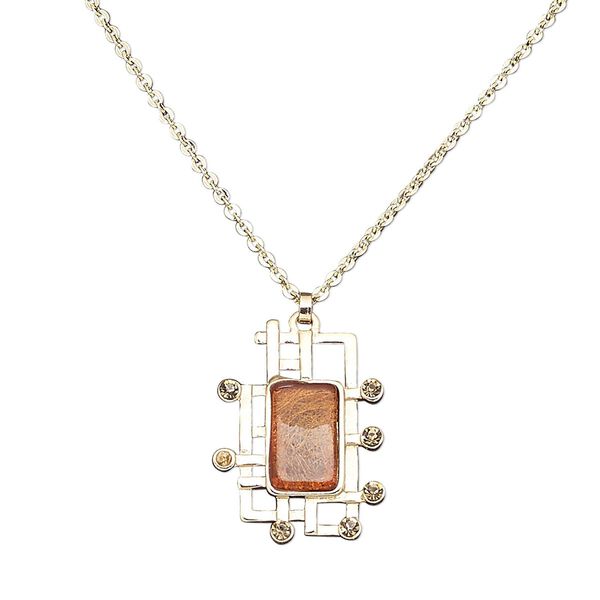 Necklace, resin / gold-finished brass / steel / "pewter" (zinc-based alloy), copper and light topaz brown, 35x25mm rectangle, 16 inches with 2-inch extender chain and lobster claw clasp. Sold individually. image number 0