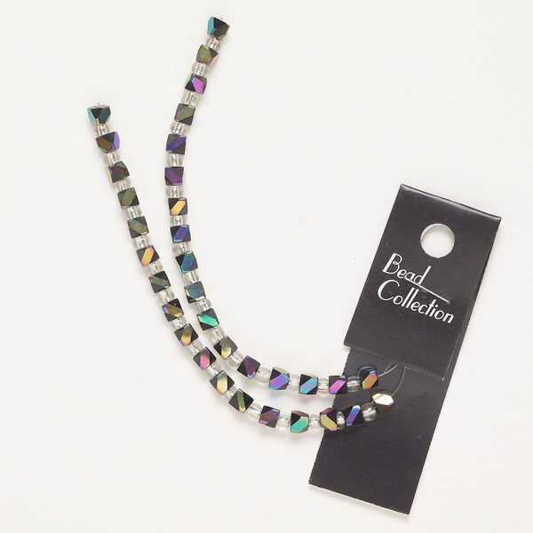 Bead, glass, pkg/8 inches, 4-5mm 2-cut cube, iris peacock. image number 0
