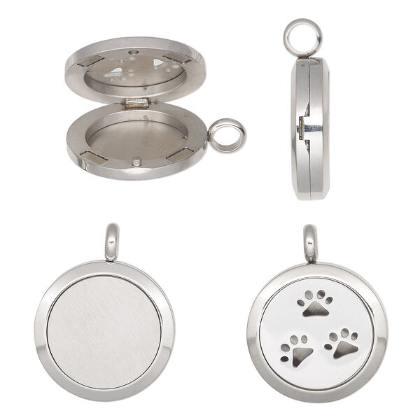 Pendant, stainless steel, pkg/1, 32x25mm single-sided hinged round locket, cutout paw prints design magnetic closure image number 0