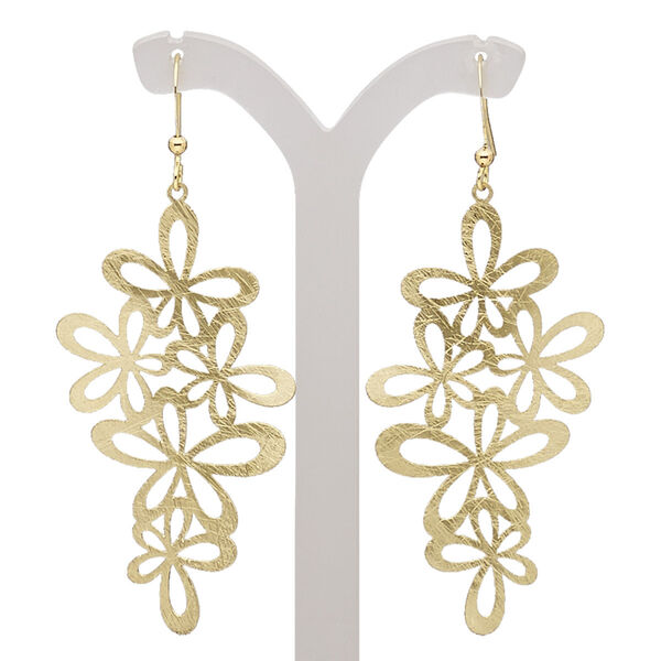 Earring, gold-finished brass, 2-3/4 inches with scratched open flowers and fishhook ear wire. Sold per pair. image number 0