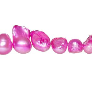 Pearl, cultured freshwater (dyed), bright pink, 7x5mm-14x10mm baroque with 0.4mm hole, D grade, Mohs hardness 2-1/2 to 4. Sold per 15-inch strand.