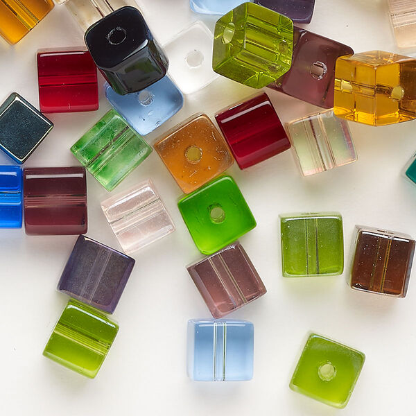 Bead mix, glass, pkg/2 ounces, opaque to transparent mixed colors, 6mm cube. image number 0