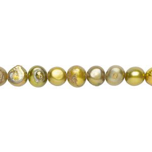 Freshwater pearl 1pkg1, flat-sided potato / semi-round, 15 inch dark green olive 5-6mm cultured