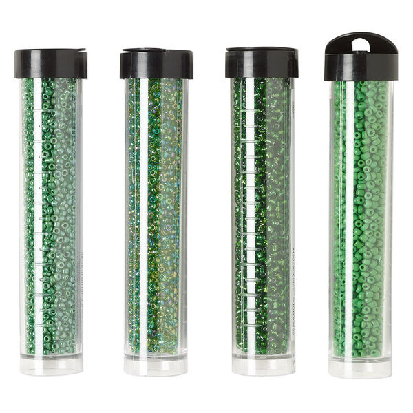 Seed bead assortment, Ming Tree™, glass, pkg/(4) 4 x 3/4 inch vials, #11 round, opaque and translucent silver-lined rainbow green. image number 0