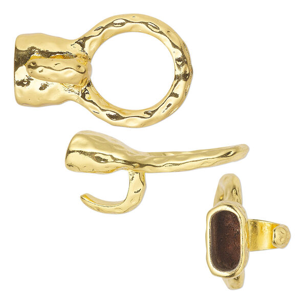 Clasp, hook, gold-finished "pewter" (zinc-based alloy), 33x22mm with 10x4.5mm glue-in cord end, hammered. Sold per pkg of 2. image number 0