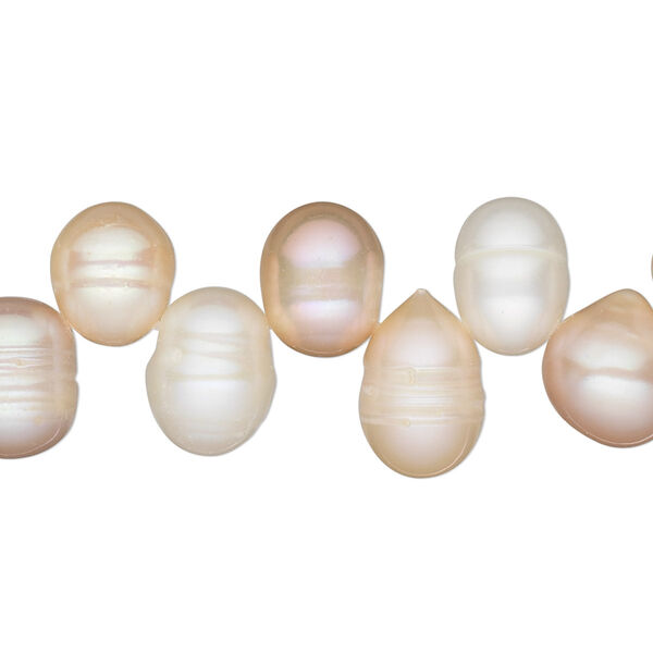 Pearl, cultured freshwater, white / peach / mauve, 13x8mm-13x10mm top-drilled rice, D grade, Mohs hardness 2-1/2 to 4. Sold per 16-inch strand. image number 0