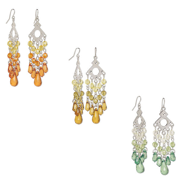 Earring, imitation rhodium-plated steel / brass / acrylic, assorted colors, 3-3/4 inch open diamond with fishhook ear wire. Sold per pkg of 3 pairs. image number 0
